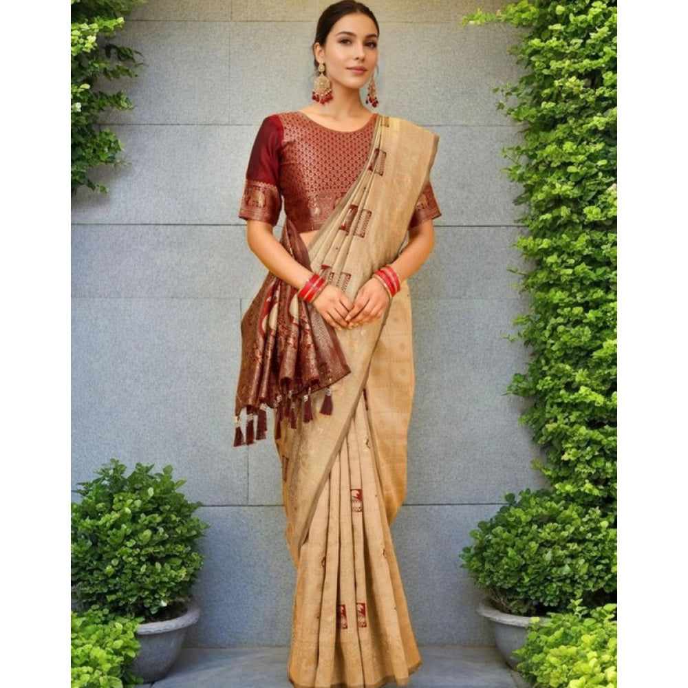 Women's Silk Blend Woven Zari Work Saree With Unstitched Blouse 5.5Mtr (Beige)