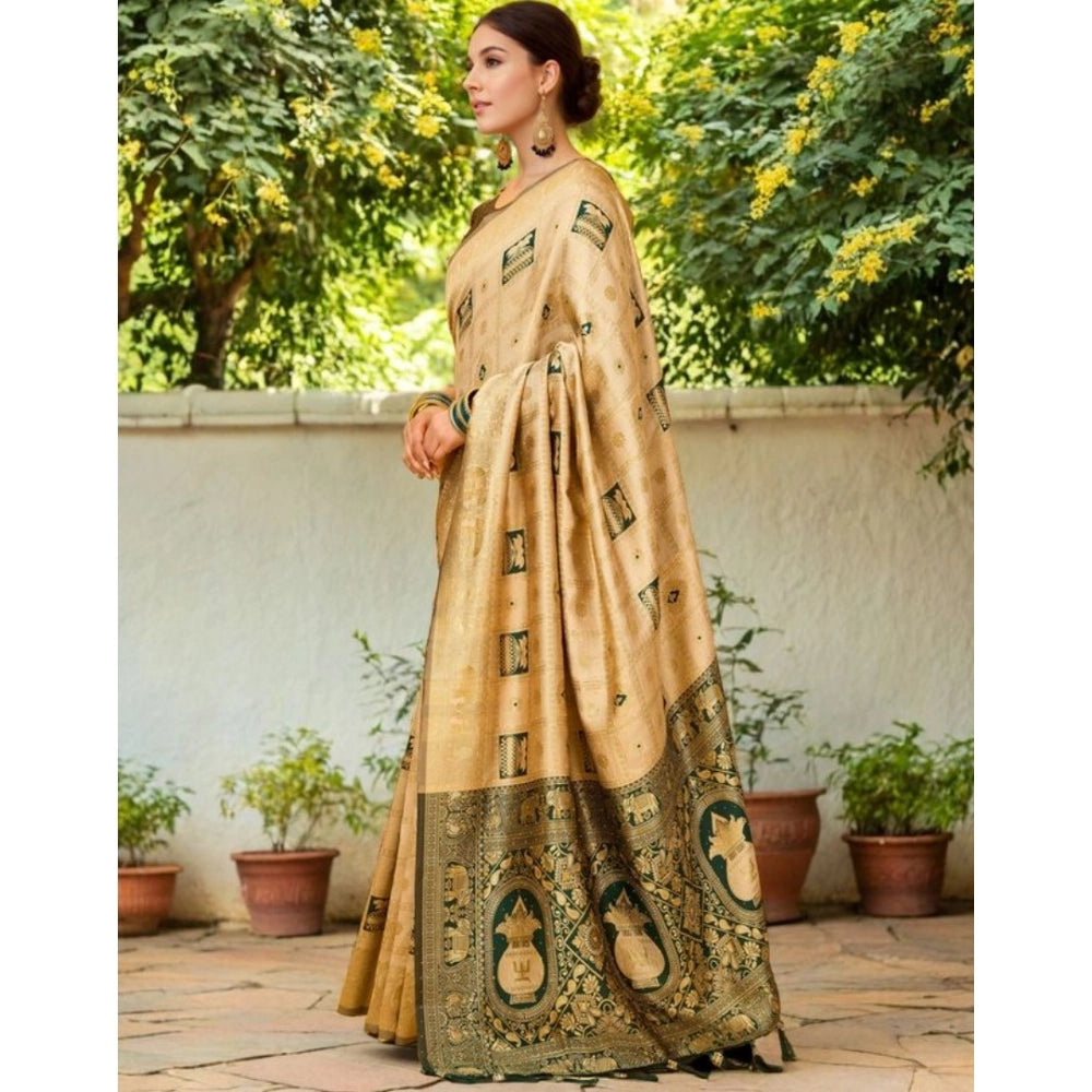 Women's Silk Blend Woven Zari Work Saree With Unstitched Blouse 5.5Mtr (Cream)