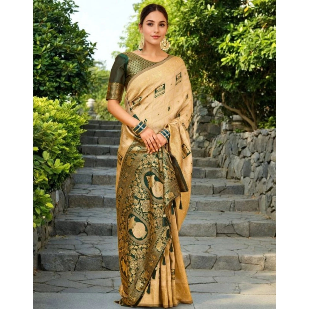 Women's Silk Blend Woven Zari Work Saree With Unstitched Blouse 5.5Mtr (Cream)