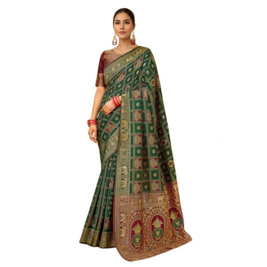 Women's Silk Blend Woven Zari Work Saree With Unstitched Blouse 5.5Mtr (Green)