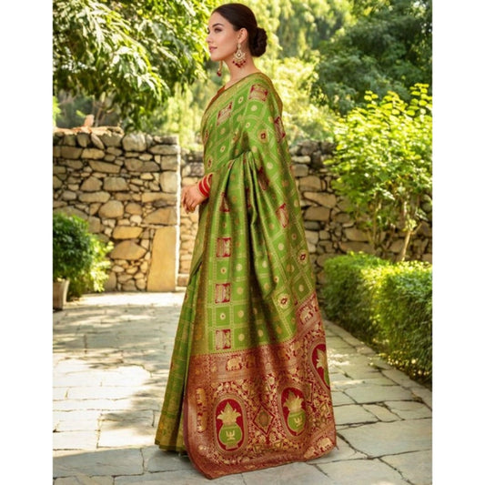 Women's Silk Blend Woven Zari Work Saree With Unstitched Blouse 5.5Mtr (Light Green)
