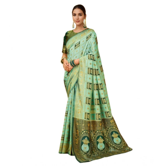 Women's Silk Blend Woven Zari Work Saree With Unstitched Blouse 5.5Mtr (Mint Green)