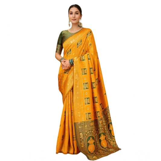 Women's Silk Blend Woven Zari Work Saree With Unstitched Blouse 5.5Mtr (Mustard)