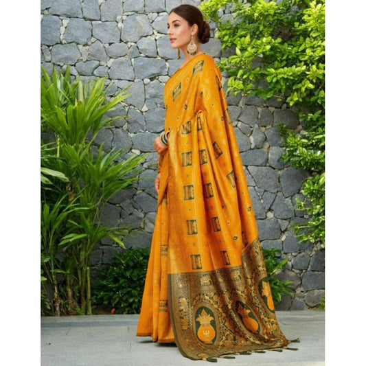 Women's Silk Blend Woven Zari Work Saree With Unstitched Blouse 5.5Mtr (Mustard)