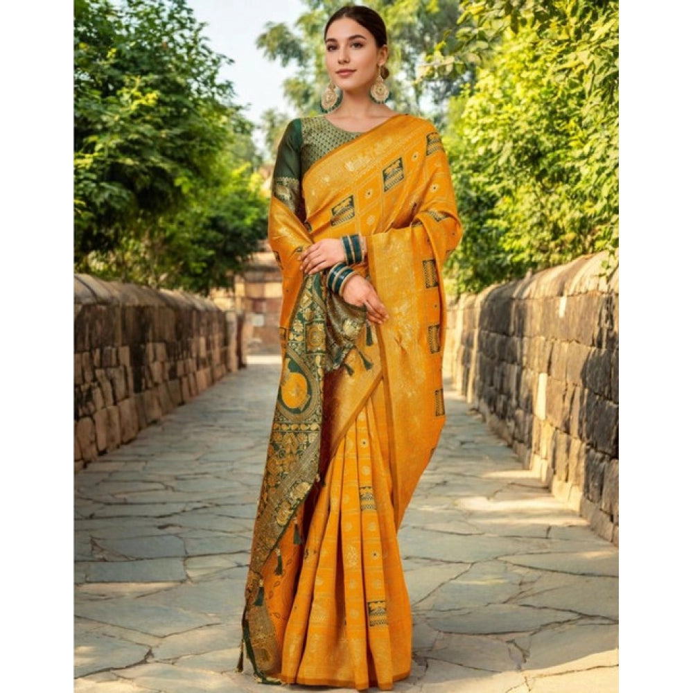 Women's Silk Blend Woven Zari Work Saree With Unstitched Blouse 5.5Mtr (Mustard)