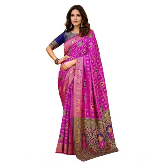 Women's Silk Blend Woven Zari Work Saree With Unstitched Blouse 5.5Mtr (Pink)