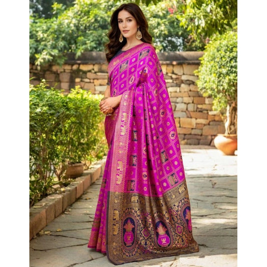 Women's Silk Blend Woven Zari Work Saree With Unstitched Blouse 5.5Mtr (Pink)