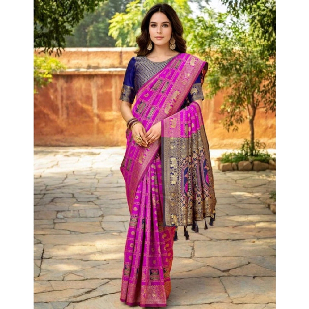 Women's Silk Blend Woven Zari Work Saree With Unstitched Blouse 5.5Mtr (Pink)