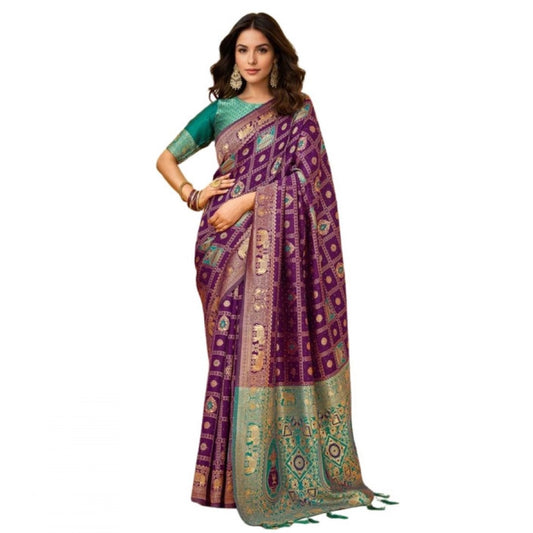 Women's Silk Blend Woven Zari Work Saree With Unstitched Blouse 5.5Mtr (Purple)
