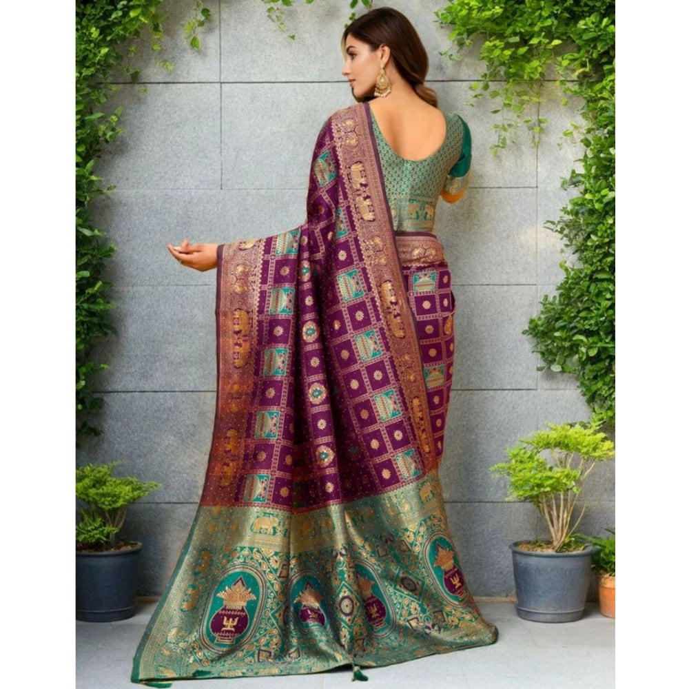 Women's Silk Blend Woven Zari Work Saree With Unstitched Blouse 5.5Mtr (Purple)
