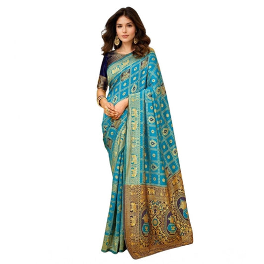 Women's Silk Blend Woven Zari Work Saree With Unstitched Blouse 5.5Mtr (Rama)