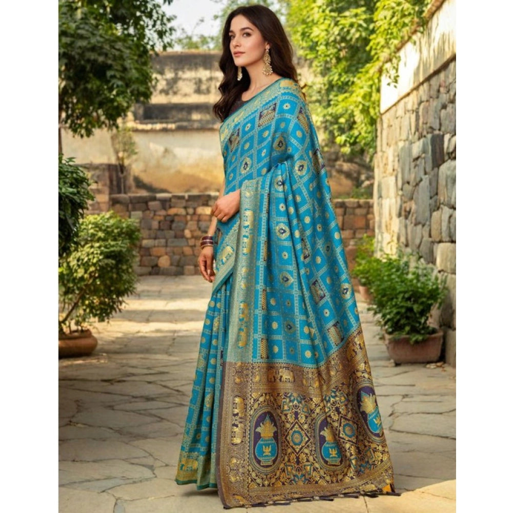 Women's Silk Blend Woven Zari Work Saree With Unstitched Blouse 5.5Mtr (Rama)