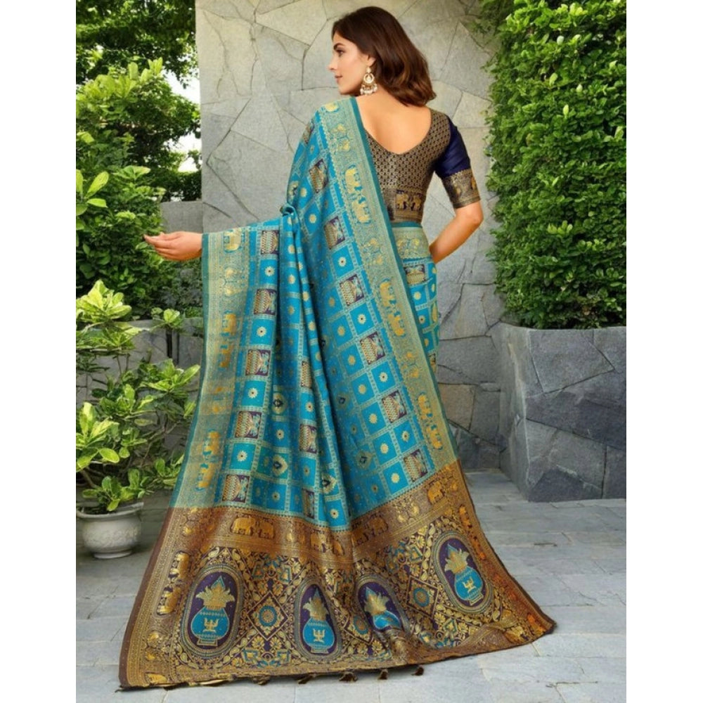 Women's Silk Blend Woven Zari Work Saree With Unstitched Blouse 5.5Mtr (Rama)