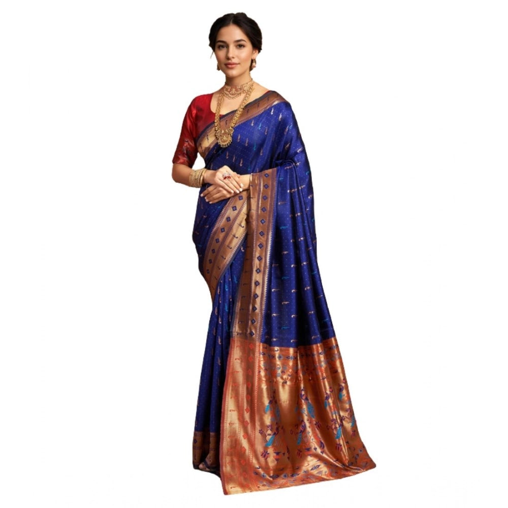 Women's Silk Blend Zari Woven Saree With Unstitched Blouse 5.5Mtr (Navy)