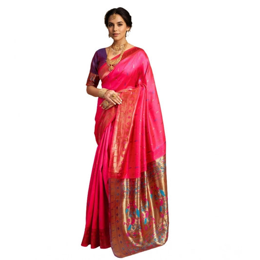 Women's Silk Blend Zari Woven Saree With Unstitched Blouse 5.5Mtr (Pink)