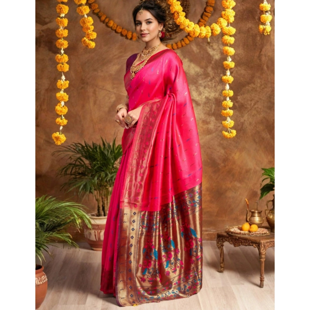 Women's Silk Blend Zari Woven Saree With Unstitched Blouse 5.5Mtr (Pink)
