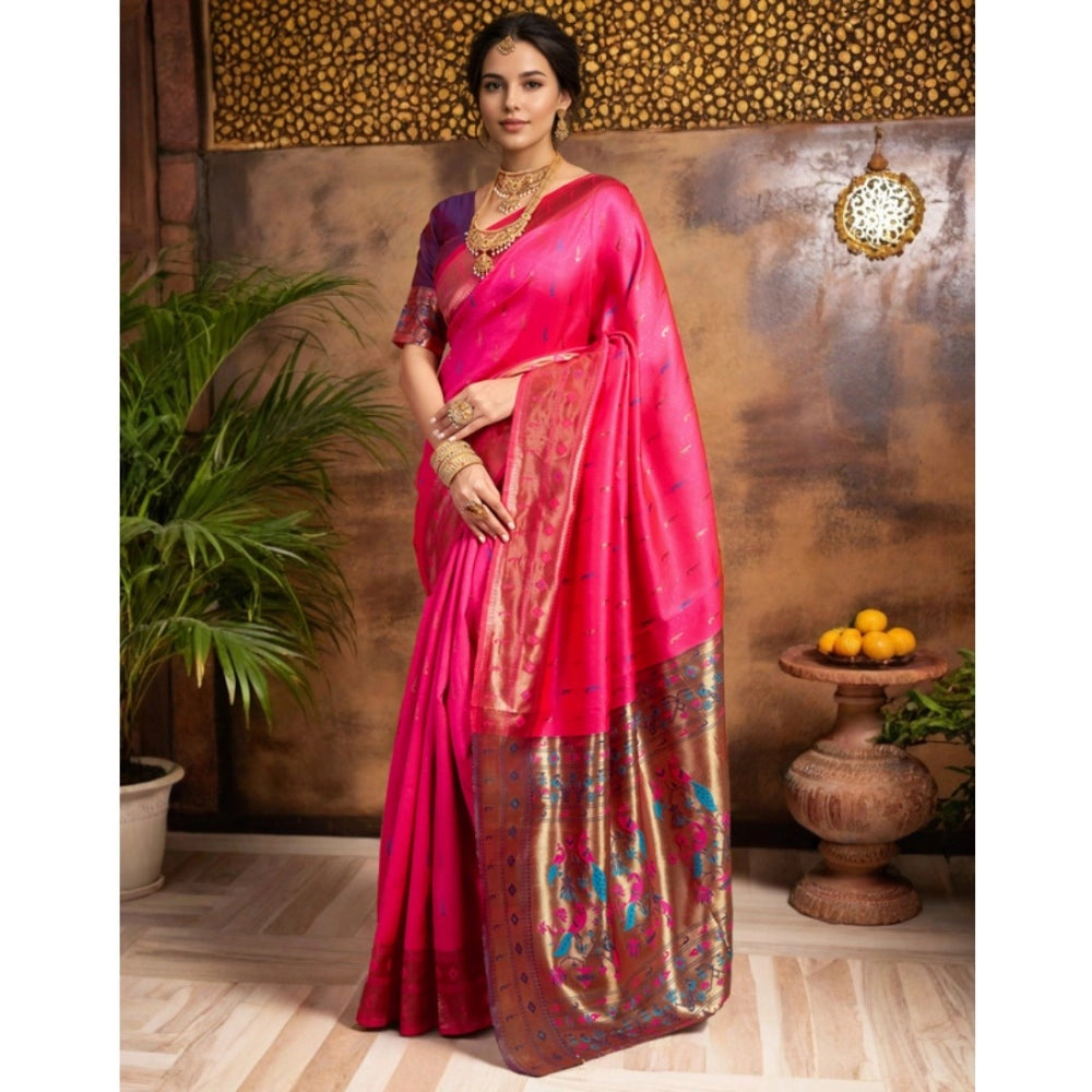 Women's Silk Blend Zari Woven Saree With Unstitched Blouse 5.5Mtr (Pink)