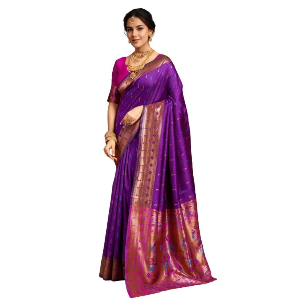 Women's Silk Blend Zari Woven Saree With Unstitched Blouse 5.5Mtr (Purple)