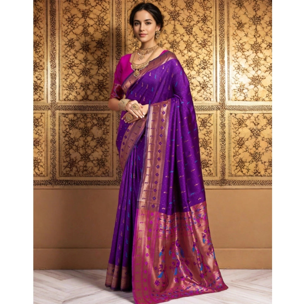 Women's Silk Blend Zari Woven Saree With Unstitched Blouse 5.5Mtr (Purple)
