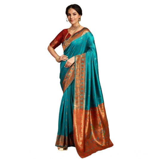 Women's Silk Blend Zari Woven Saree With Unstitched Blouse 5.5Mtr (Rama)