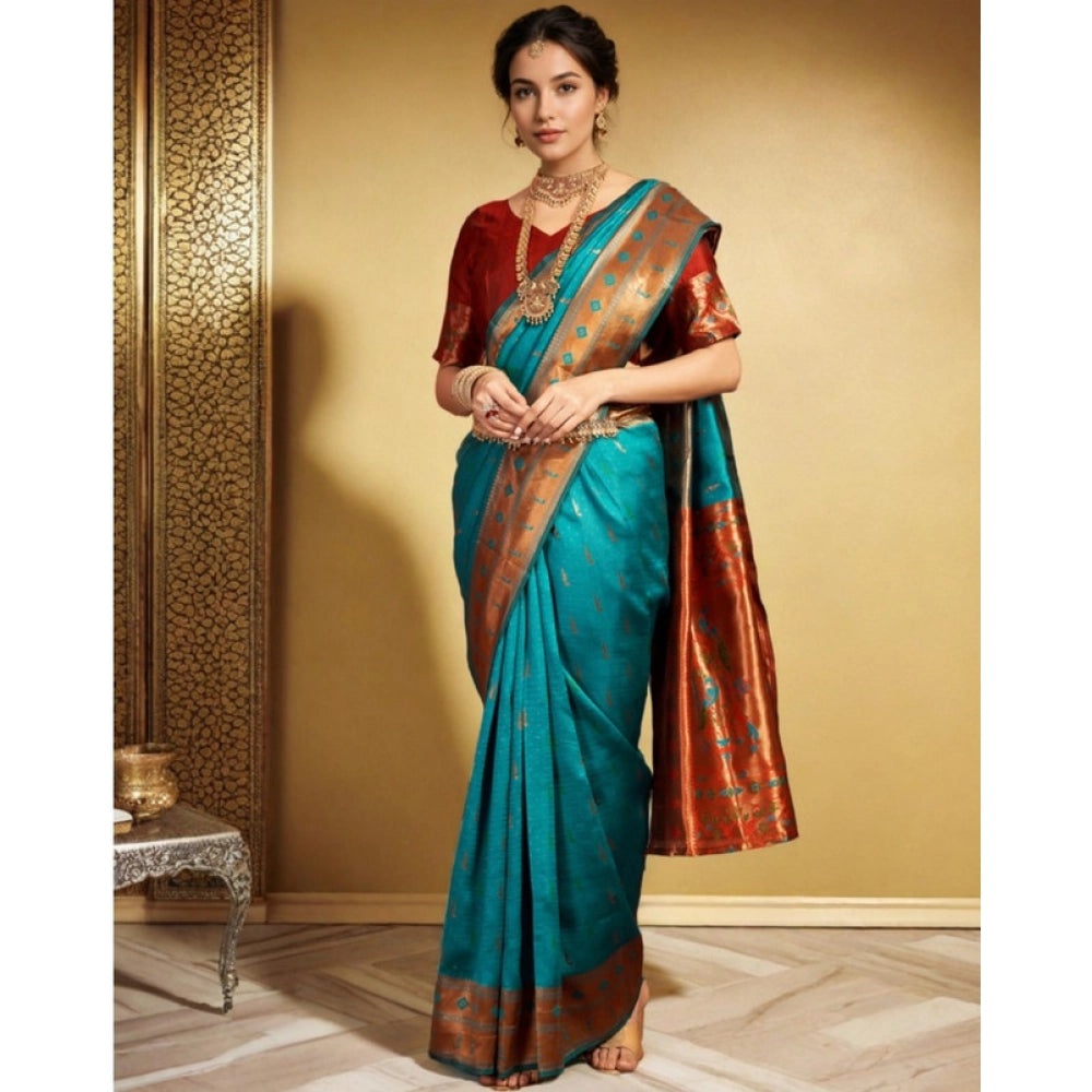 Women's Silk Blend Zari Woven Saree With Unstitched Blouse 5.5Mtr (Rama)