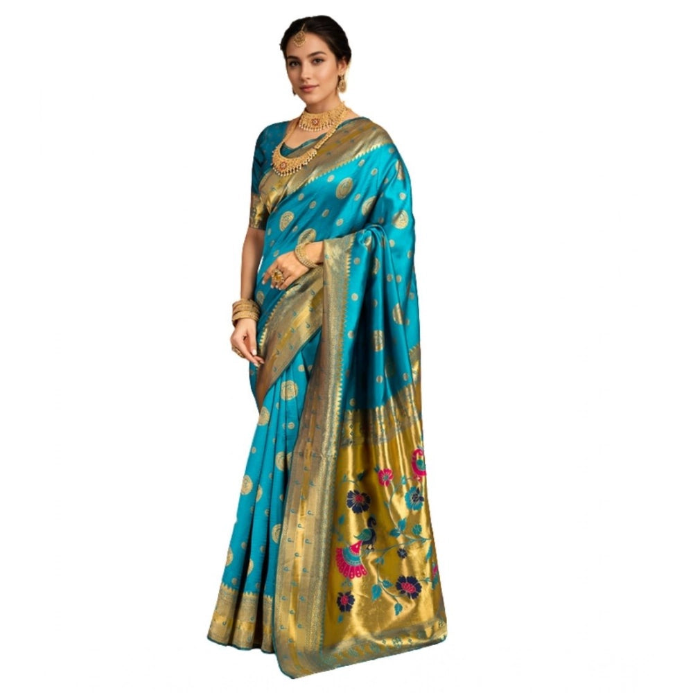 Women's Silk Blend Paithani Saree With Unstitched Blouse 5.5Mtr (Rama)
