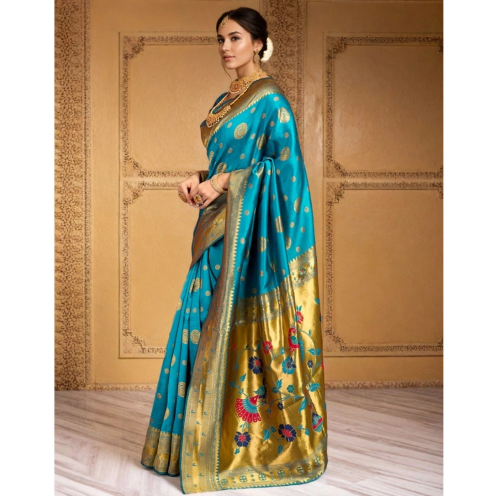 Women's Silk Blend Paithani Saree With Unstitched Blouse 5.5Mtr (Rama)