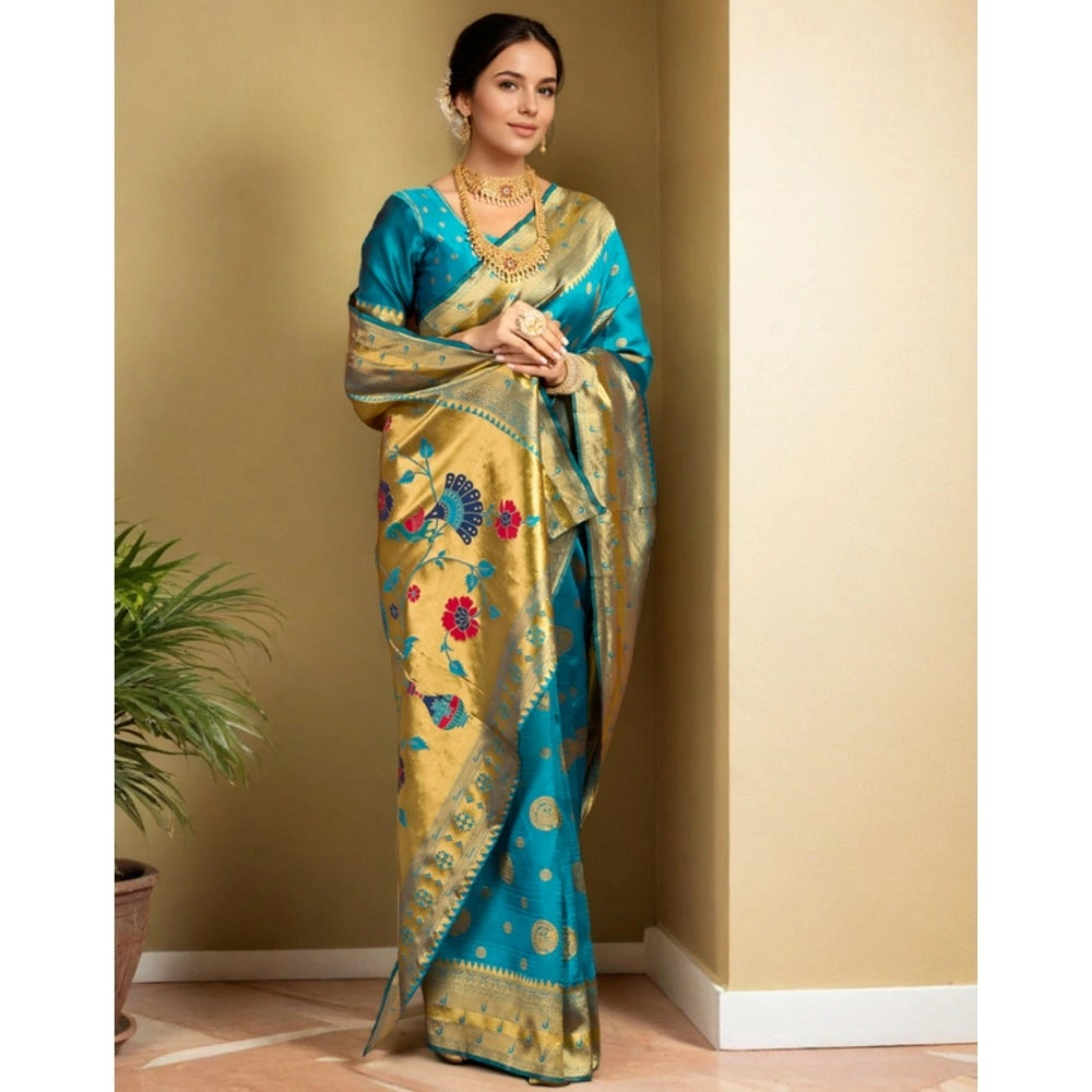 Women's Silk Blend Paithani Saree With Unstitched Blouse 5.5Mtr (Rama)