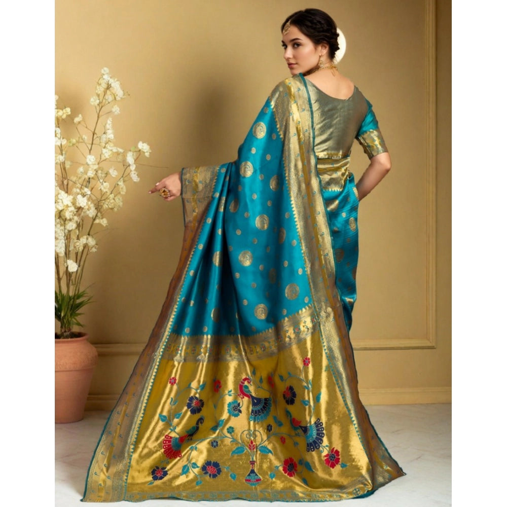 Women's Silk Blend Paithani Saree With Unstitched Blouse 5.5Mtr (Rama)