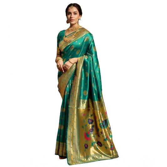 Women's Silk Blend Paithani Saree With Unstitched Blouse 5.5Mtr (Green)