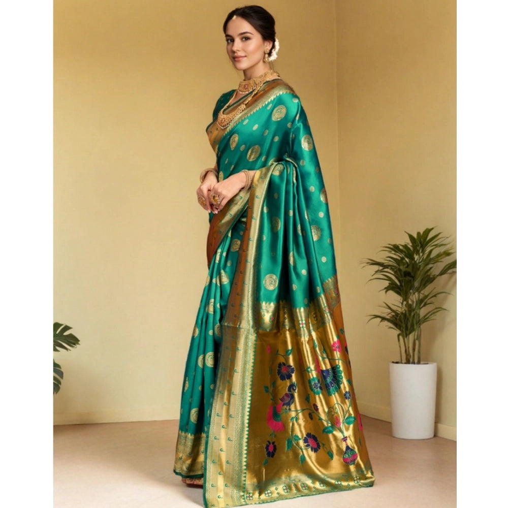 Women's Silk Blend Paithani Saree With Unstitched Blouse 5.5Mtr (Green)