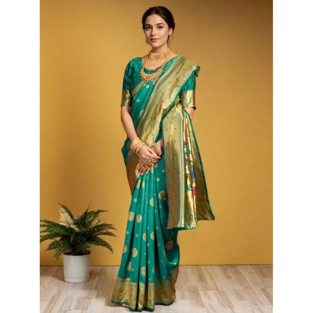 Women's Silk Blend Paithani Saree With Unstitched Blouse 5.5Mtr (Green)