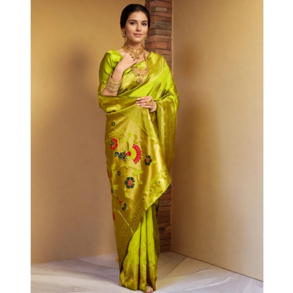 Women's Silk Blend Paithani Saree With Unstitched Blouse 5.5Mtr (Lime Green)
