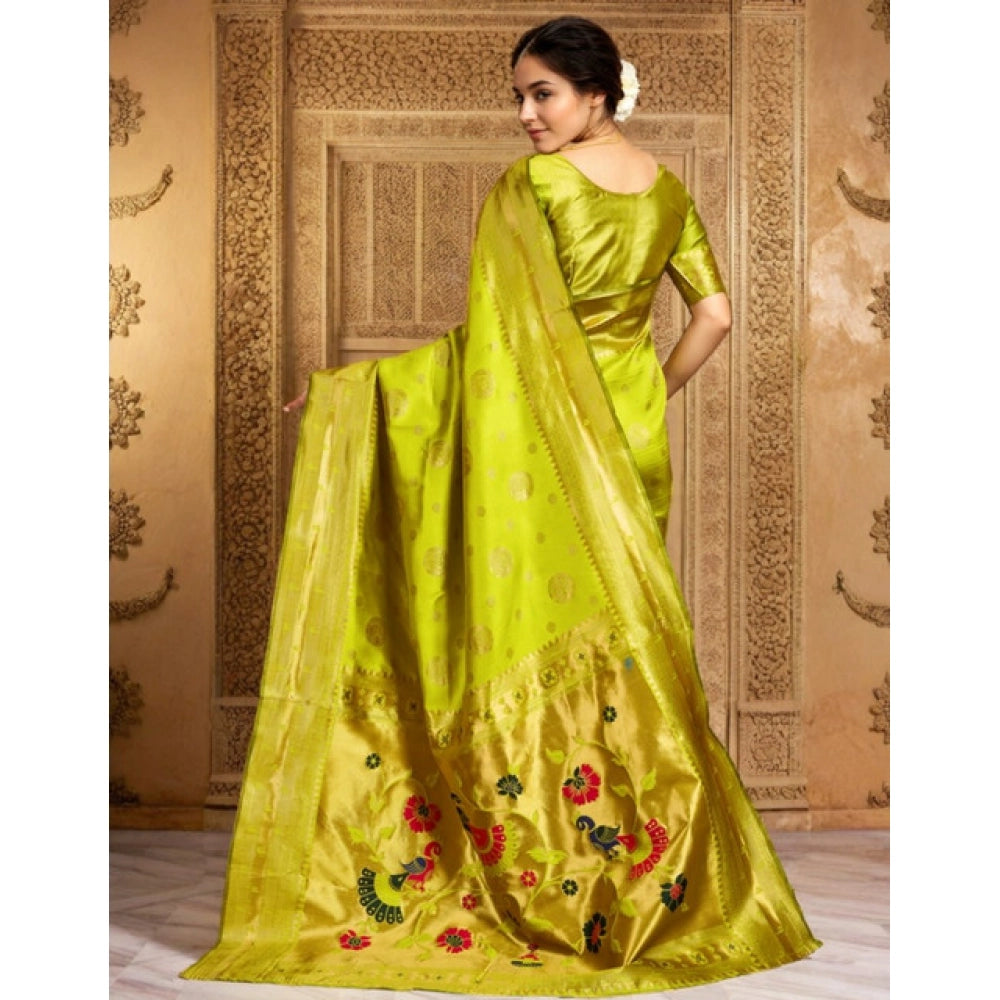 Women's Silk Blend Paithani Saree With Unstitched Blouse 5.5Mtr (Lime Green)
