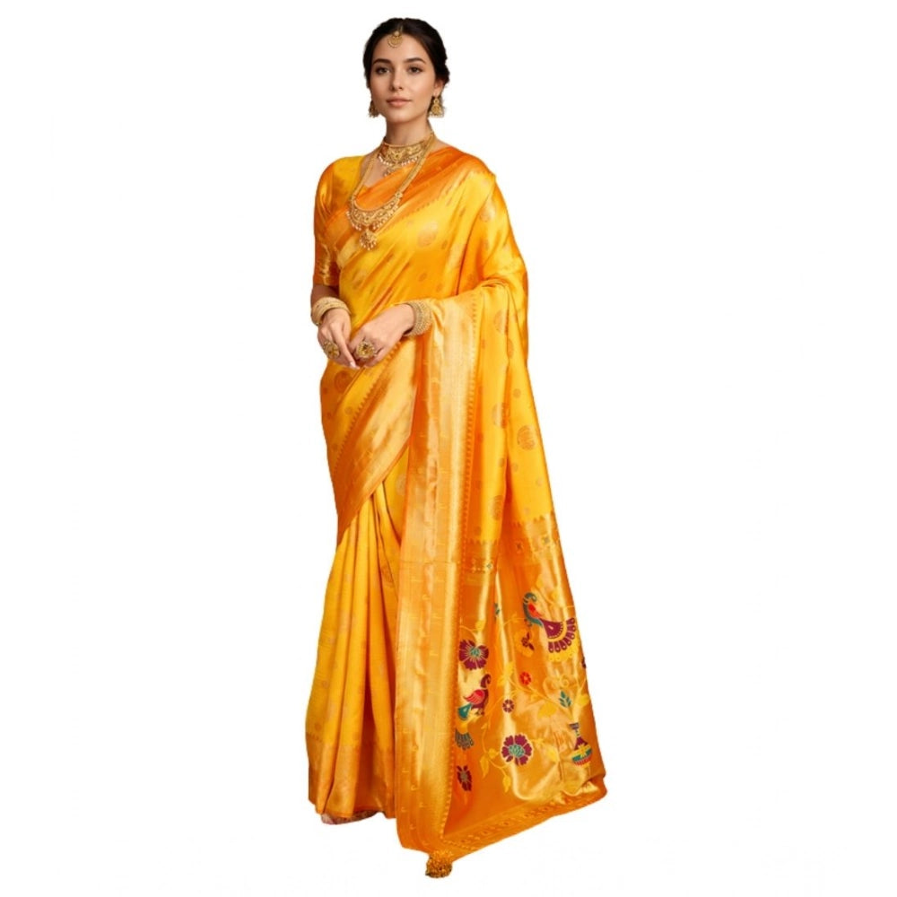 Women's Silk Blend Paithani Saree With Unstitched Blouse 5.5Mtr (Mustard)