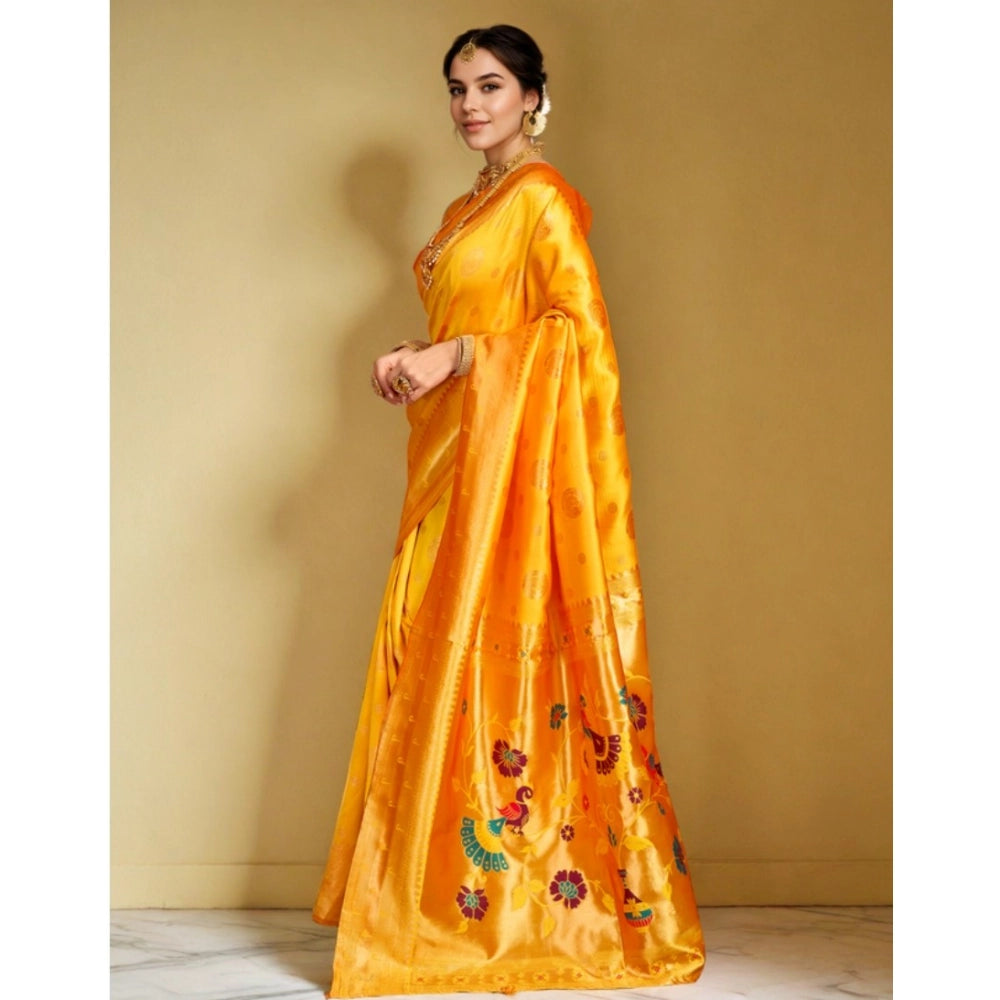 Women's Silk Blend Paithani Saree With Unstitched Blouse 5.5Mtr (Mustard)