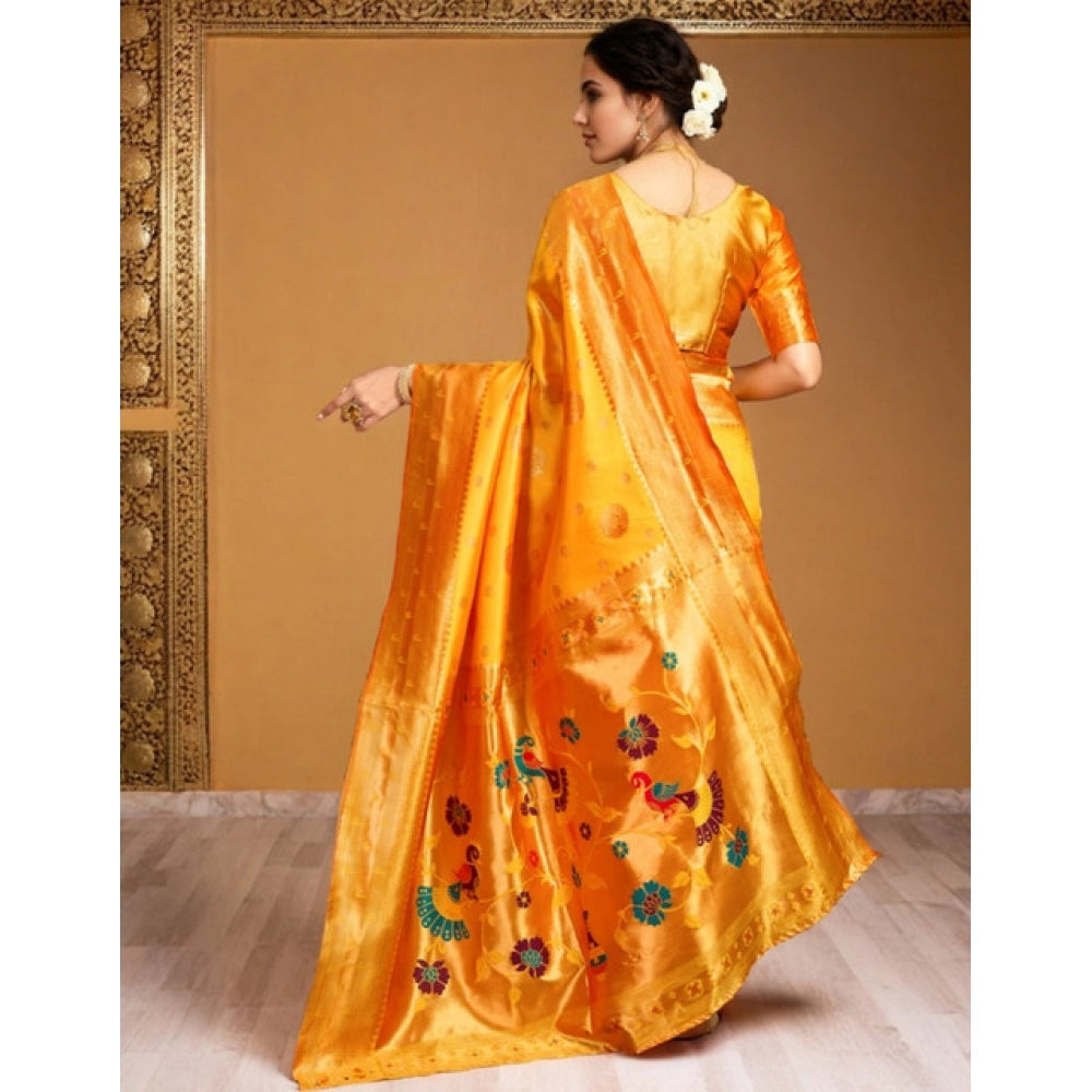 Women's Silk Blend Paithani Saree With Unstitched Blouse 5.5Mtr (Mustard)