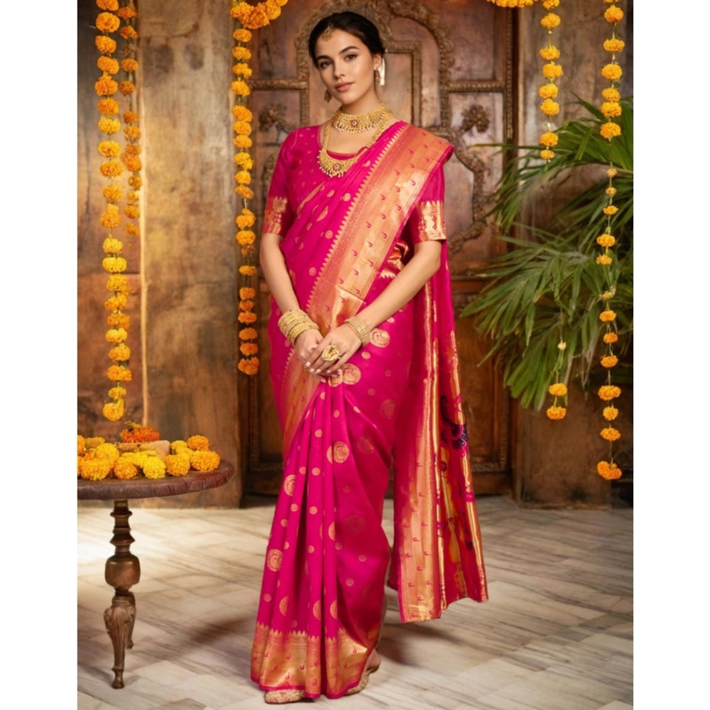 Women's Silk Blend Paithani Saree With Unstitched Blouse 5.5Mtr (Pink)