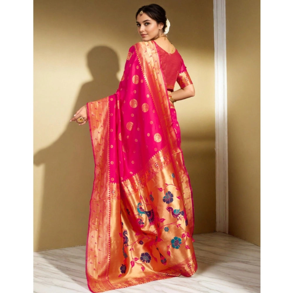 Women's Silk Blend Paithani Saree With Unstitched Blouse 5.5Mtr (Pink)