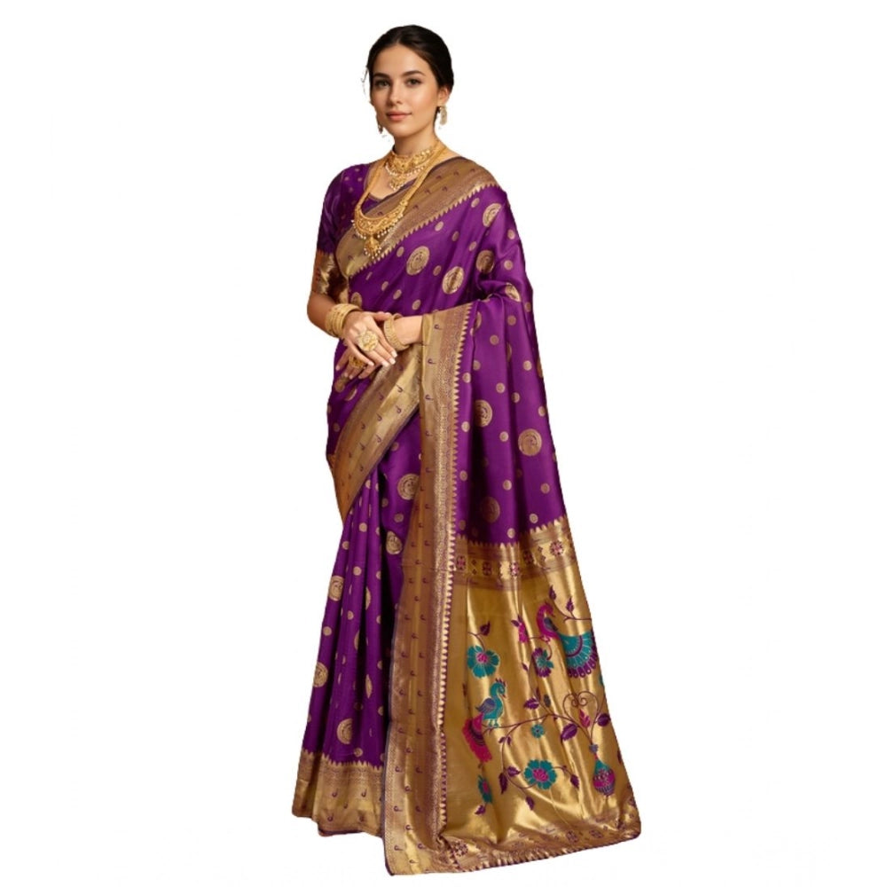 Women's Silk Blend Paithani Saree With Unstitched Blouse 5.5Mtr (Purple)
