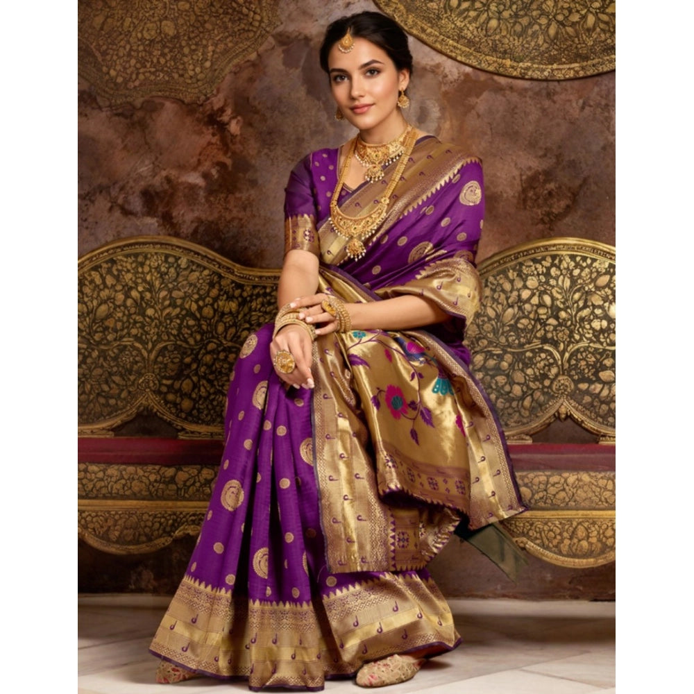 Women's Silk Blend Paithani Saree With Unstitched Blouse 5.5Mtr (Purple)