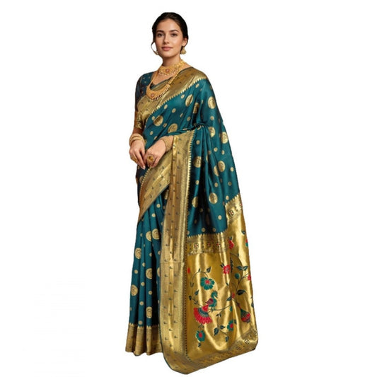 Women's Silk Blend Paithani Saree With Unstitched Blouse 5.5Mtr (Teal)