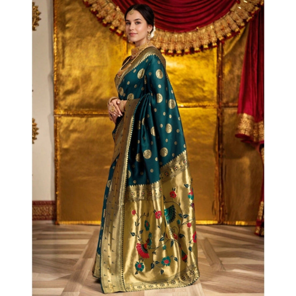 Women's Silk Blend Paithani Saree With Unstitched Blouse 5.5Mtr (Teal)