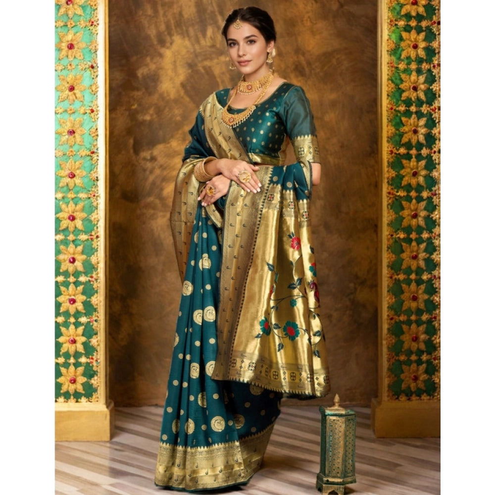 Women's Silk Blend Paithani Saree With Unstitched Blouse 5.5Mtr (Teal)