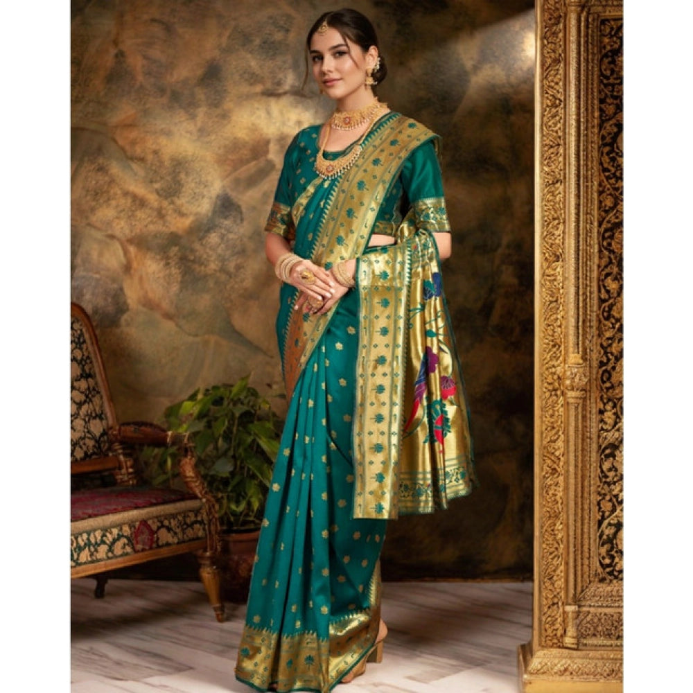 Women's Silk Blend Woven Saree With Unstitched Blouse 5.5Mtr (Green)