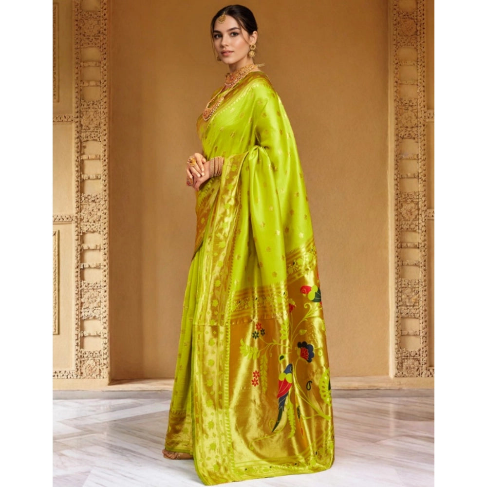 Women's Silk Blend Woven Saree With Unstitched Blouse 5.5Mtr (Lime-Green)