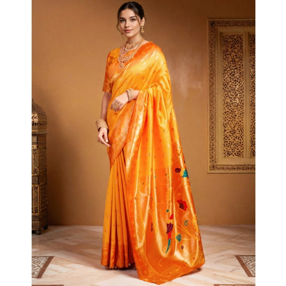 Women's Silk Blend Woven Saree With Unstitched Blouse 5.5Mtr (Orange)