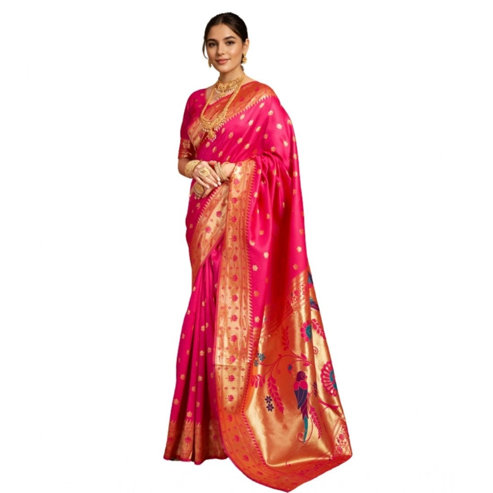 Women's Silk Blend Woven Saree With Unstitched Blouse 5.5Mtr (Pink)