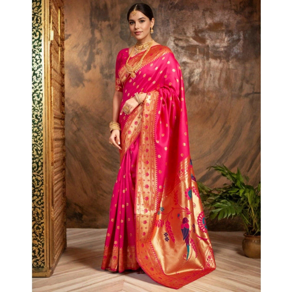Women's Silk Blend Woven Saree With Unstitched Blouse 5.5Mtr (Pink)