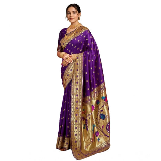 Women's Silk Blend Woven Saree With Unstitched Blouse 5.5Mtr (Purple)